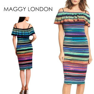 Maggy London, Off the Shoulder Ruffle Striped Dress, Blue, Green, Black, Multi
